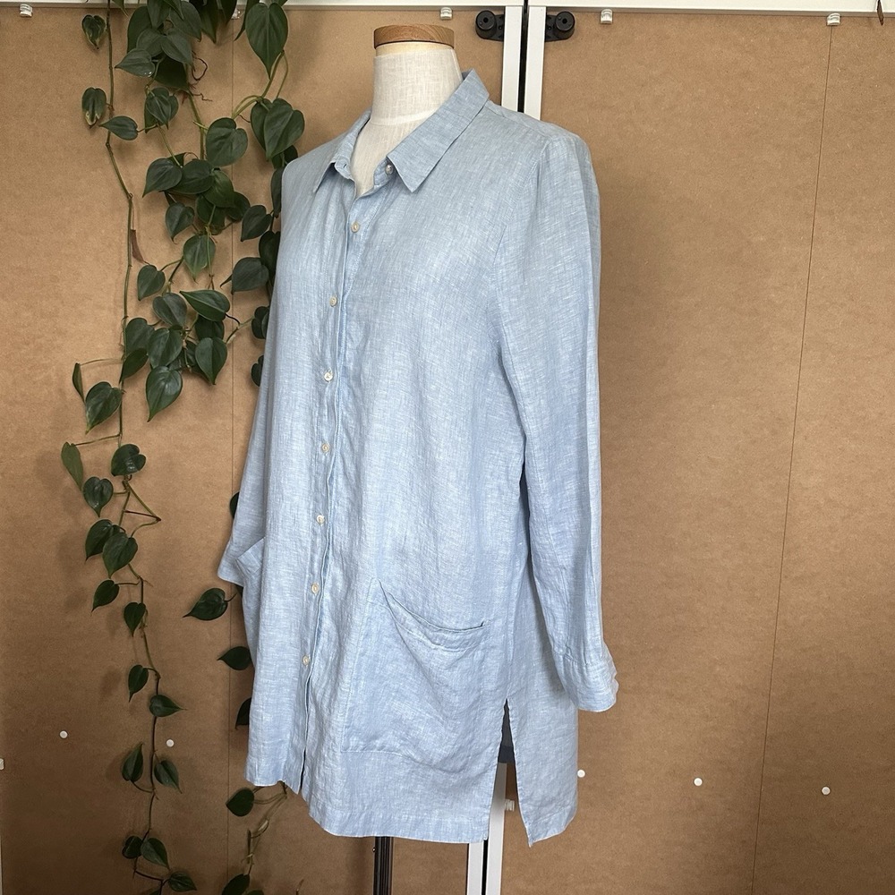 Poetry 100% Linen Shirt Mini Dress Minimalist‎ Lagenlook 8 Blue Beach Pockets